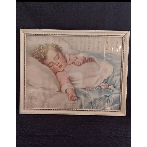 Just A Little Dream By Annie Benson Muller, Vintage Framed Print Sleeping Baby - Picture 1 of 6